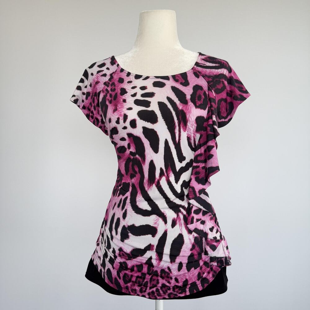 Marc Bouwer Tunic T Shirt Womens M Pink Animal Print Ruffle Scoop Neck Top